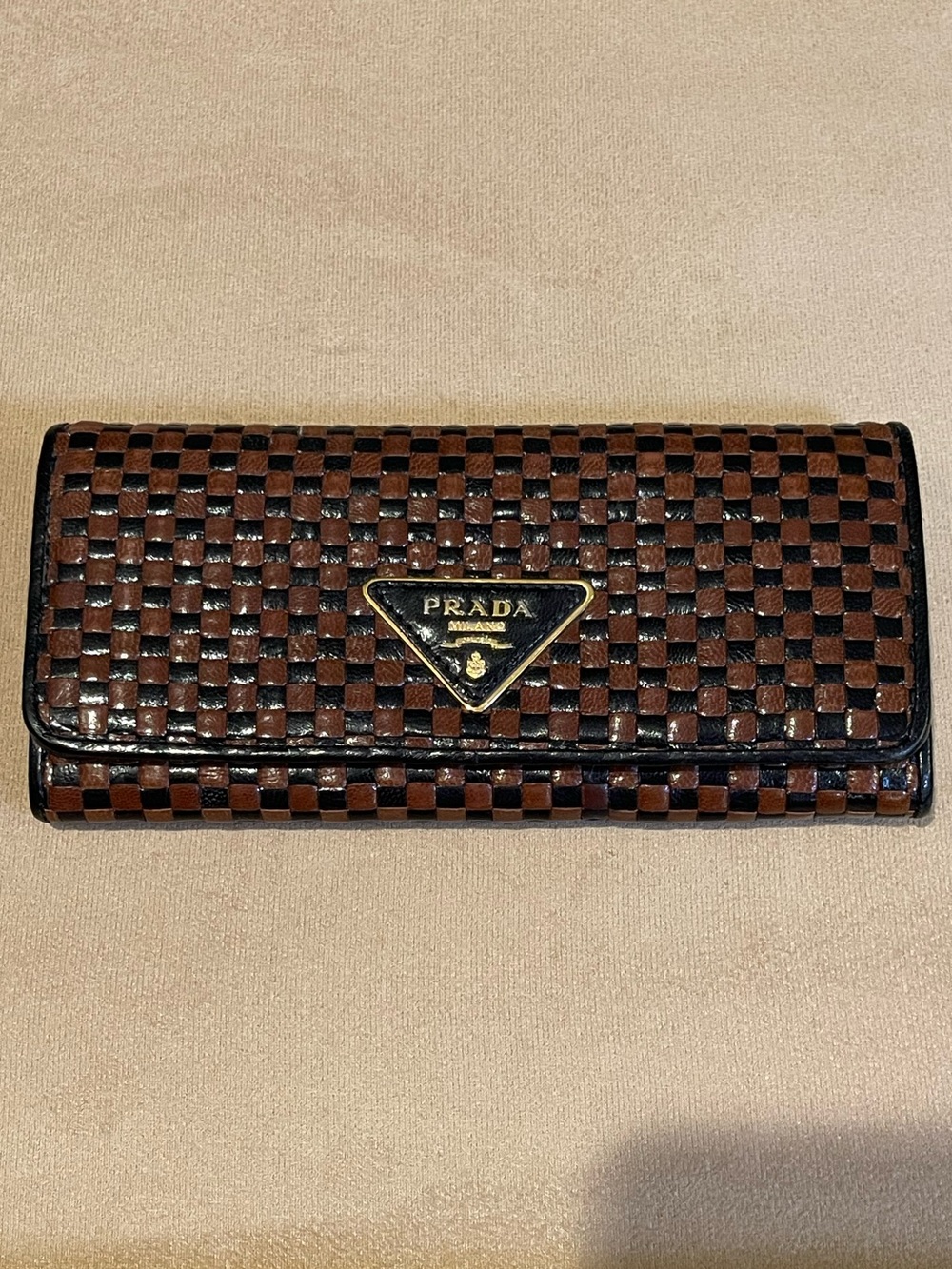 Prada Madras Brown and Black Continental Wallet with Gold Logo